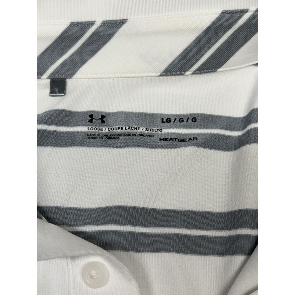Under Armour Men's Large White Gray Striped‎ Loose Heatgear Golf Polo - Picture 2 of 5
